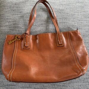 Fossil Leather Tote in Cognac Brown with Gold Key Charm